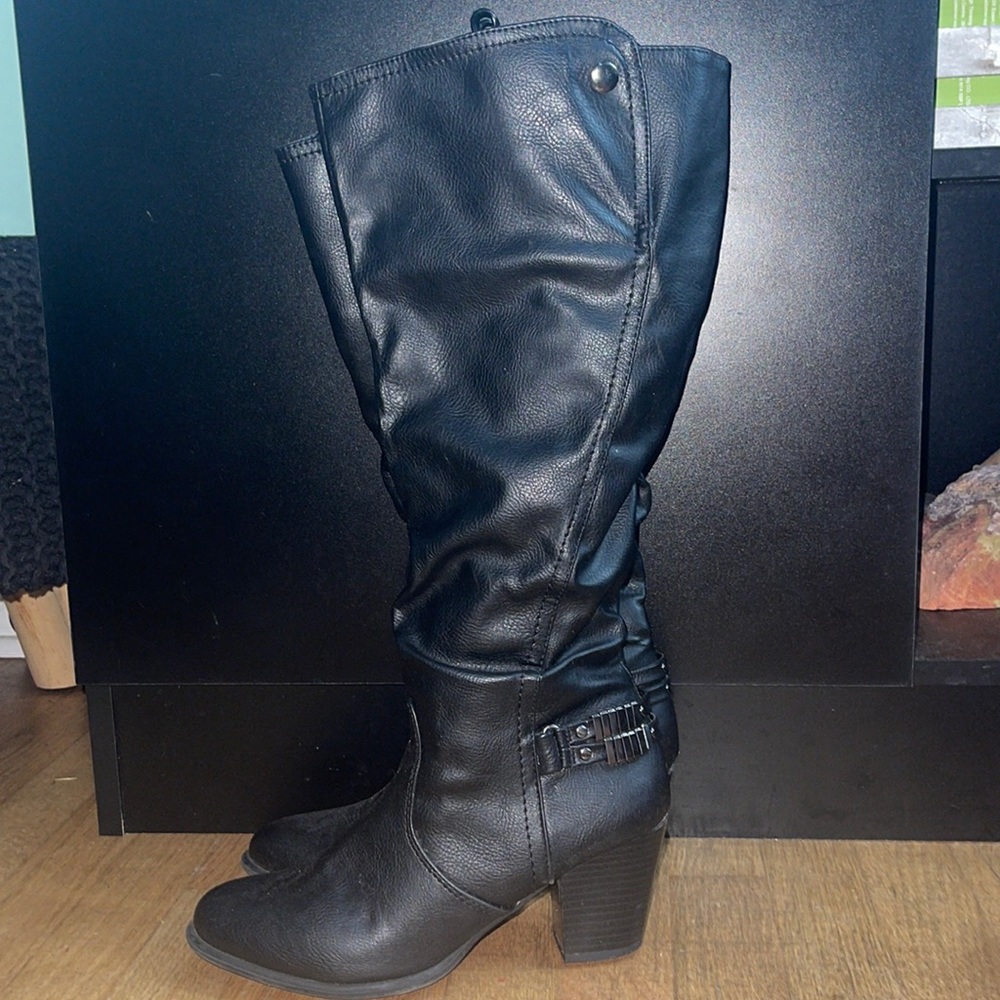 Knee High Slouchy Moto Boots with Buckle Strap